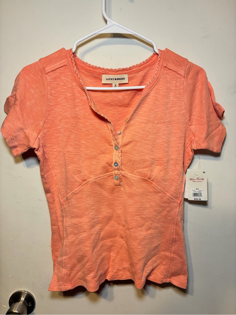 Lucky Brand Coral Short-Sleeve Henley with Button Placket